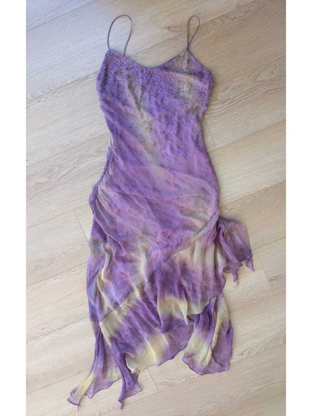 VTG Y2K ALGO 100% Silk Beaded Dress M 10 Fairycore Asymmetrical Purple Green